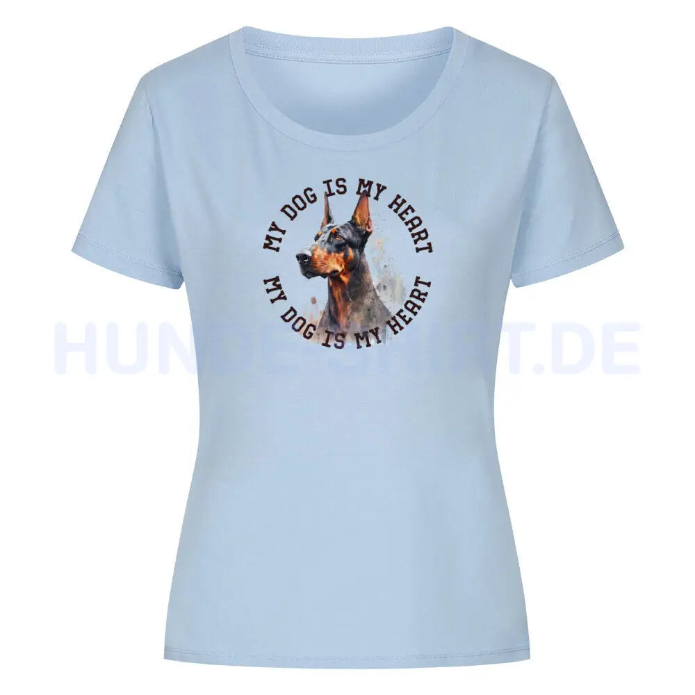 Premium Organic Damen-Shirt "Dobermann HEART 2" Sky Blue – hunde-shirt.de