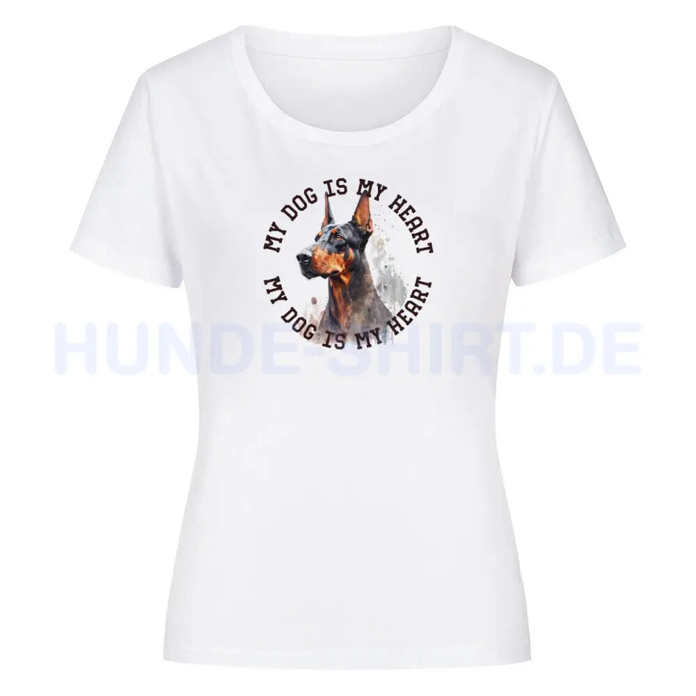 Premium Organic Damen-Shirt "Dobermann HEART 2" Weiß – hunde-shirt.de