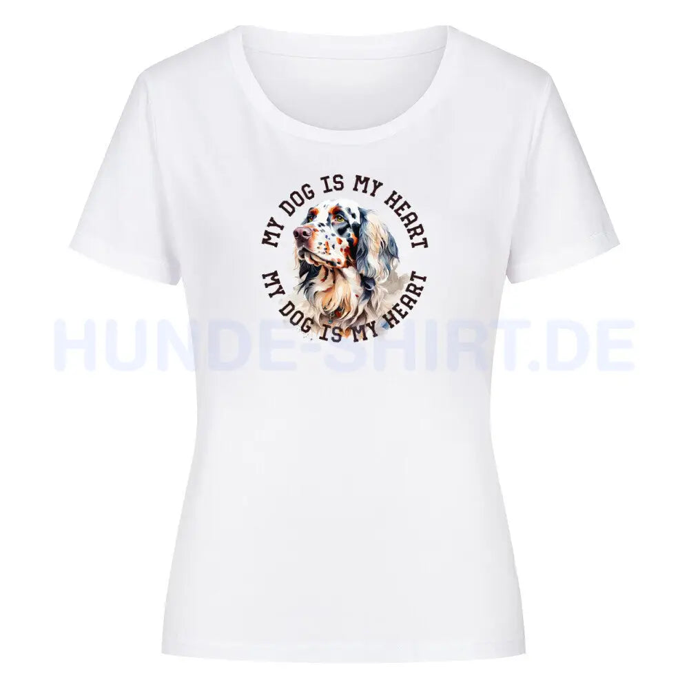 Premium Organic Damen-Shirt "English Setter HEART" Weiß – hunde-shirt.de