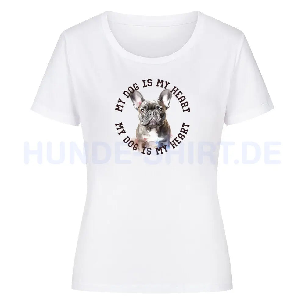 Premium Organic Damen-Shirt "Französische Bulldogge blau H" Weiß – hunde-shirt.de