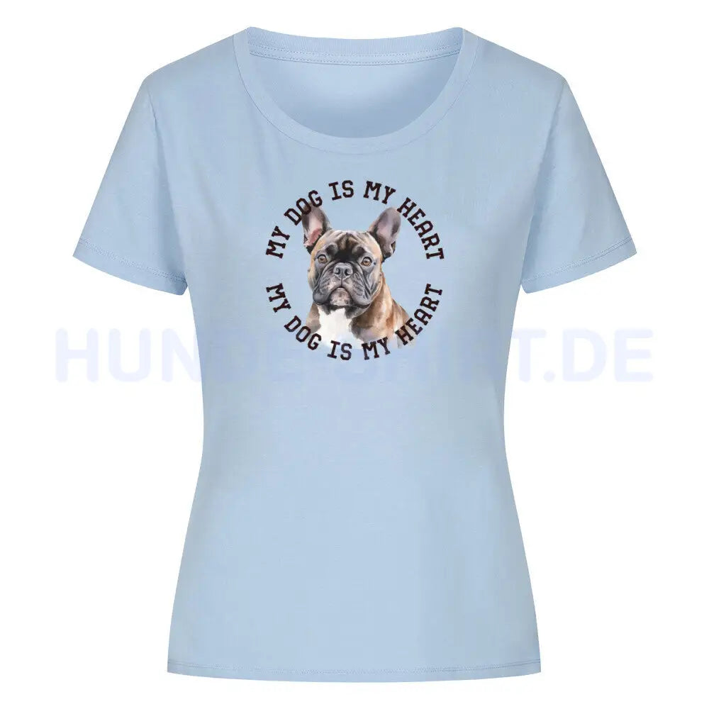 Premium Organic Damen-Shirt "Französische Bulldogge braun H" Sky Blue – hunde-shirt.de