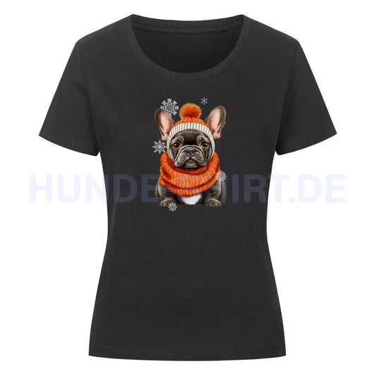 Premium Organic Damen-Shirt "Frenchie Winter Orange" Schwarz – hunde-shirt.de