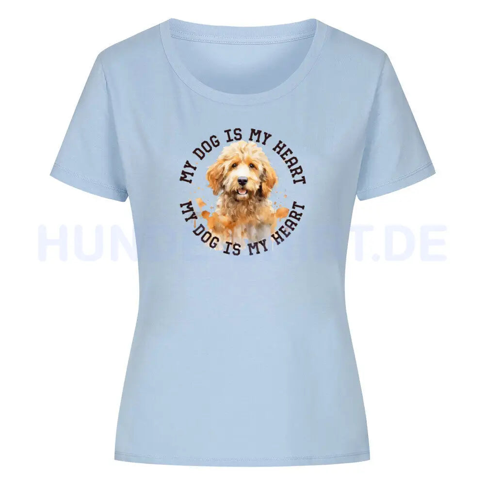 Premium Organic Damen-Shirt "Golden Doodle HEART" Sky Blue – hunde-shirt.de