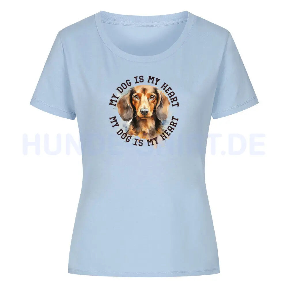 Premium Organic Damen-Shirt "Langhaar Dackel HEART" Sky Blue – hunde-shirt.de