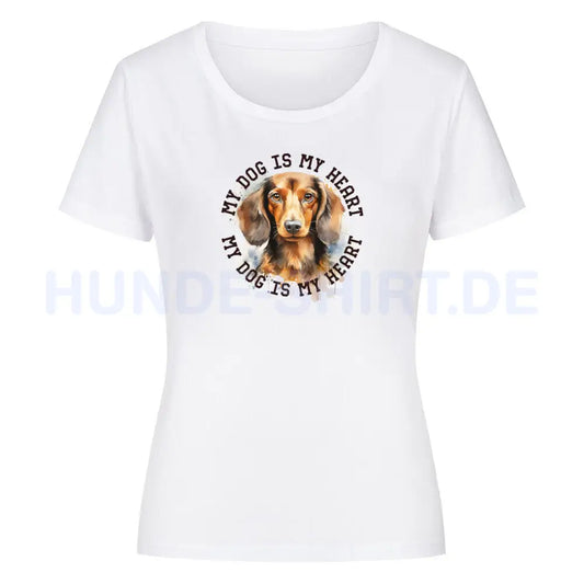 Premium Organic Damen-Shirt "Langhaar Dackel HEART" Weiß – hunde-shirt.de