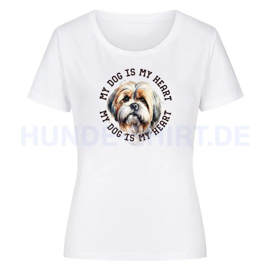 Premium Organic Damen-Shirt "Lhasa Apso HEART 2" Weiß – hunde-shirt.de