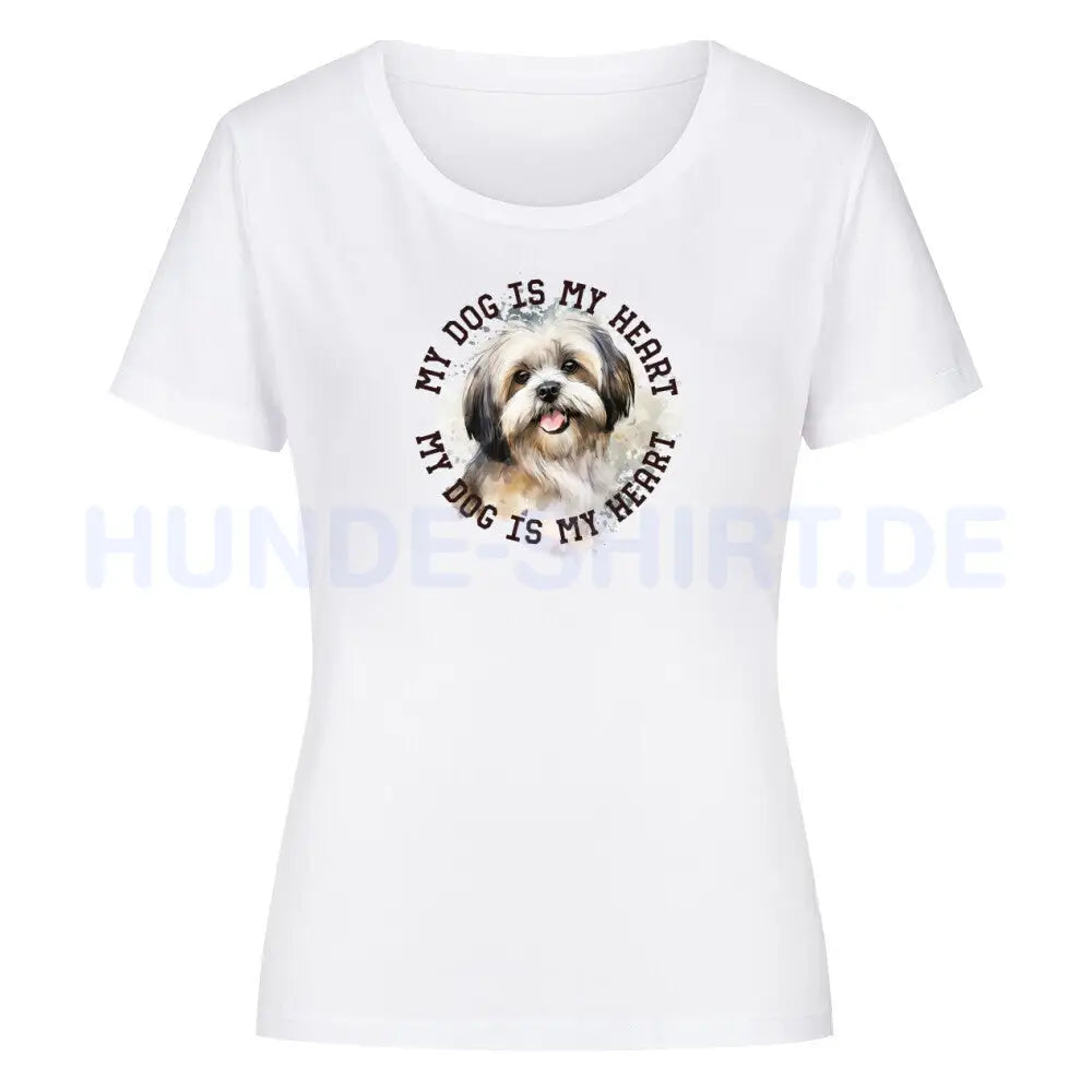 Premium Organic Damen-Shirt "Lhasa Apso HEART" Weiß – hunde-shirt.de