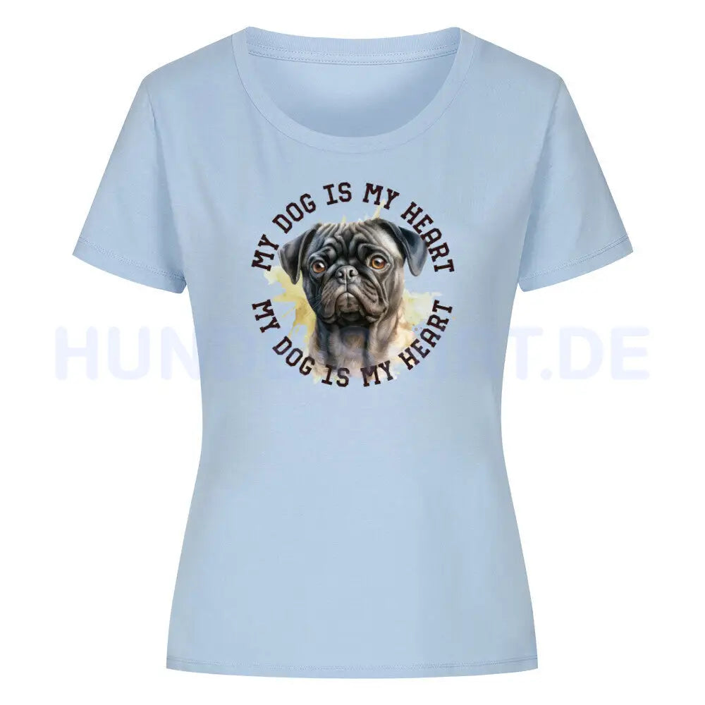 Premium Organic Damen Shirt "Mops HEART 2" Sky Blue – hunde-shirt.de