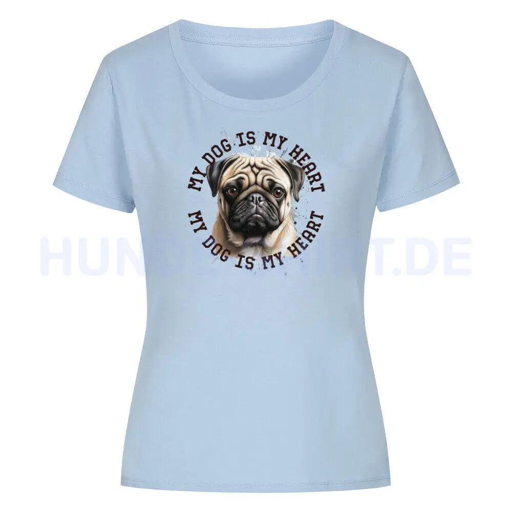 Premium Organic Damen-Shirt "Mops HEART" Sky Blue – hunde-shirt.de