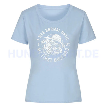 Premium Organic Damen-Shirt "My first Bulldog" Sky Blue – hunde-shirt.de