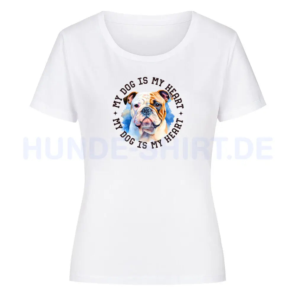 Premium Organic Damen-Shirt "Old English Bulldog HEART" Weiß – hunde-shirt.de