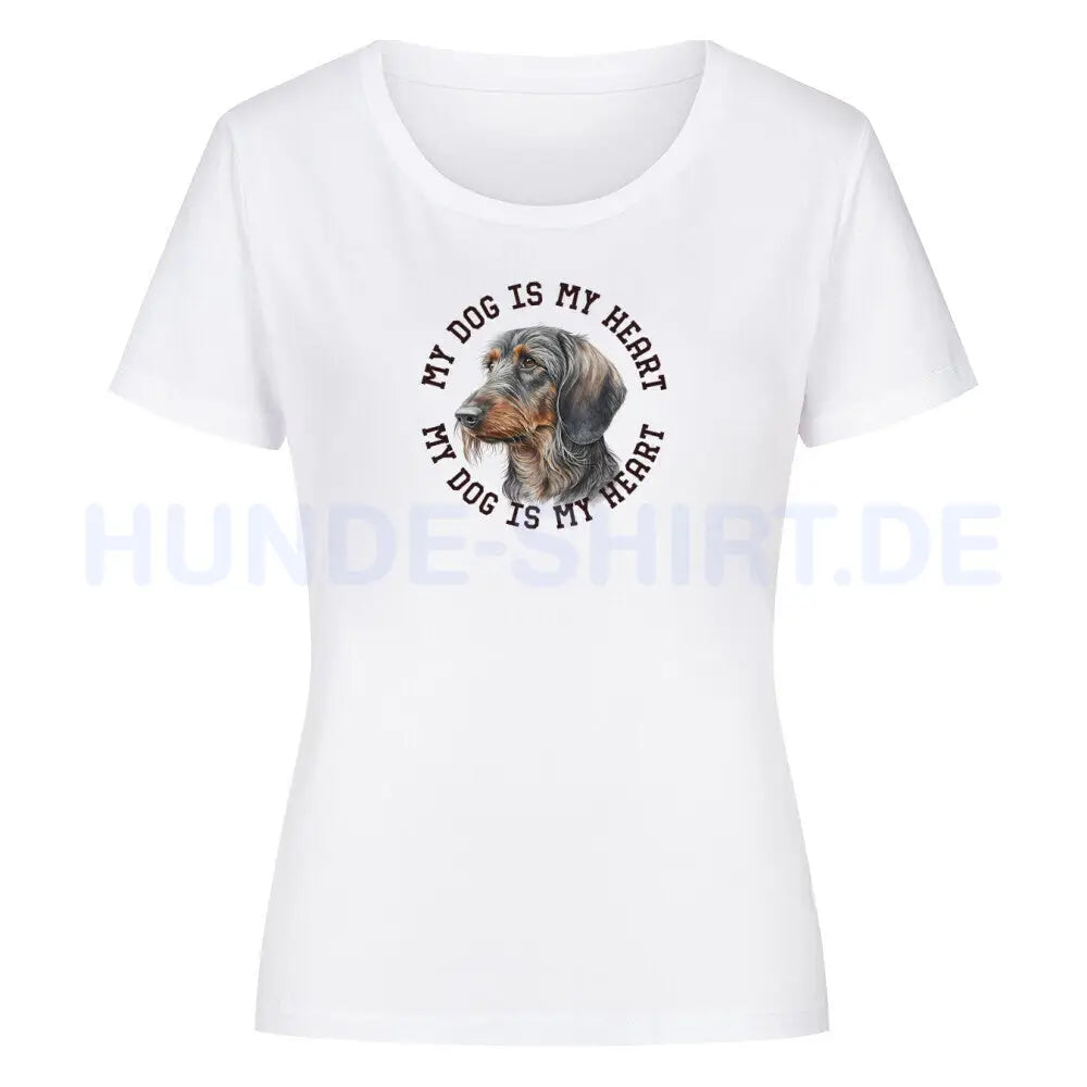 Premium Organic Damen-Shirt "Rauhaar Dackel HEART" Weiß – hunde-shirt.de