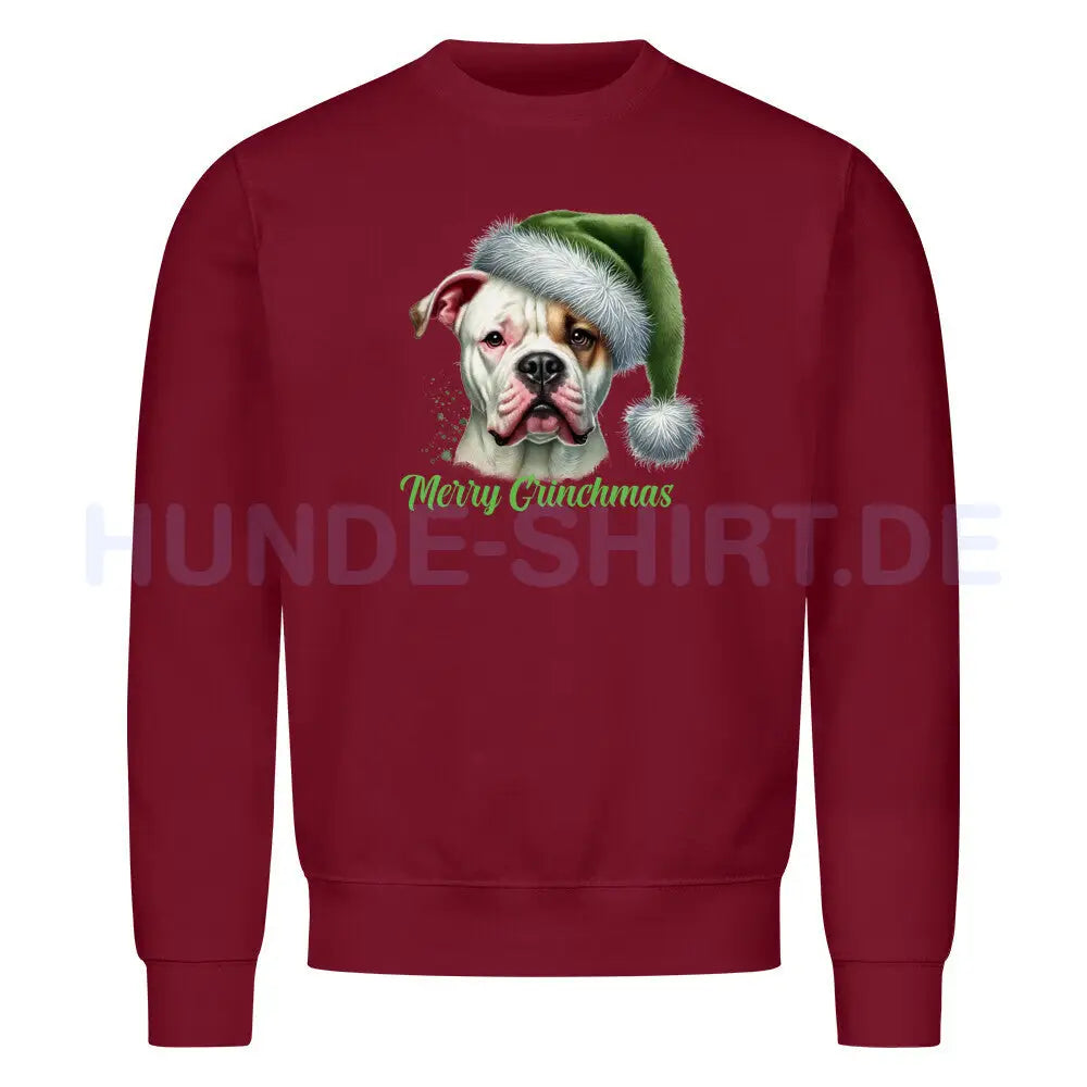 Premium Sweatshirt "American Bulldog - Merry Grinchmas" Burgunder – hunde-shirt.de