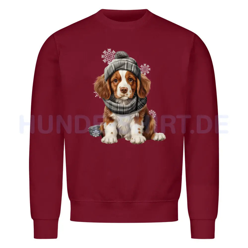 Premium Sweatshirt "Brittany Spaniel - Winter Puppy" Burgunder – hunde-shirt.de