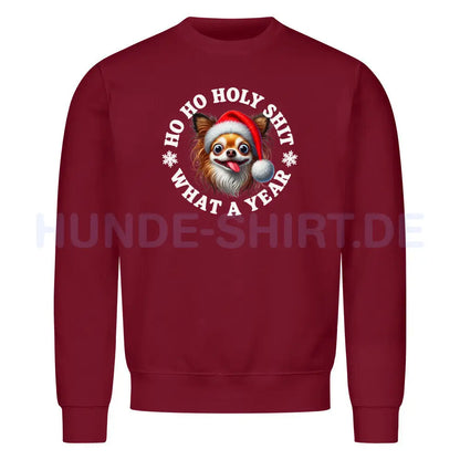 Premium Sweatshirt "Chihuahua Langhaar - HO HO..." Burgunder – hunde-shirt.de