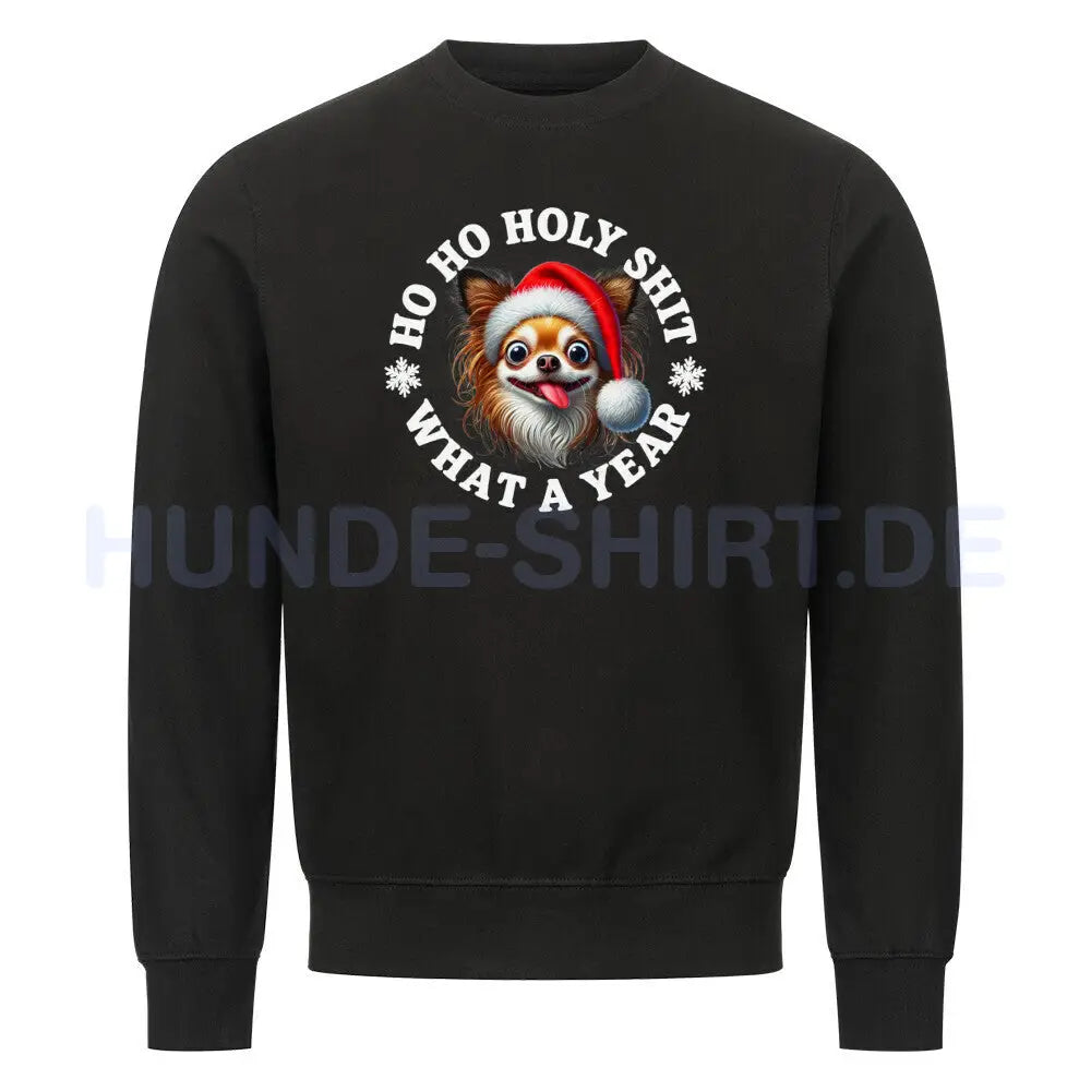 Premium Sweatshirt "Chihuahua Langhaar - HO HO..." Schwarz – hunde-shirt.de