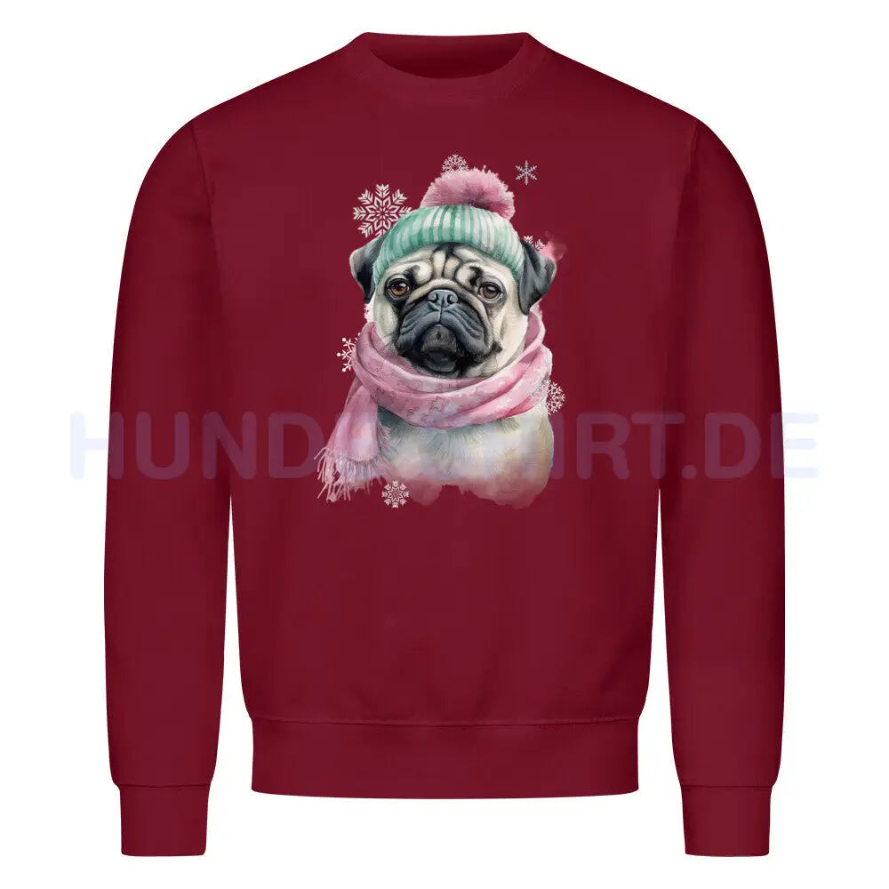 Premium Sweatshirt "Mops Winter rosa" Burgunder – hunde-shirt.de