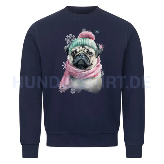 Premium Sweatshirt "Mops Winter rosa" Navy Blue – hunde-shirt.de