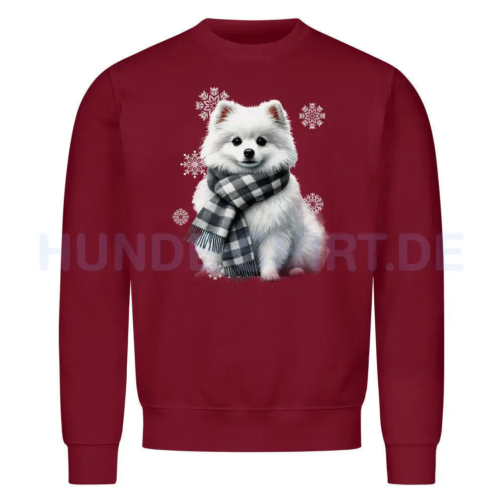 Premium Sweatshirt "Pomeranian weiß Winter" Burgunder – hunde-shirt.de