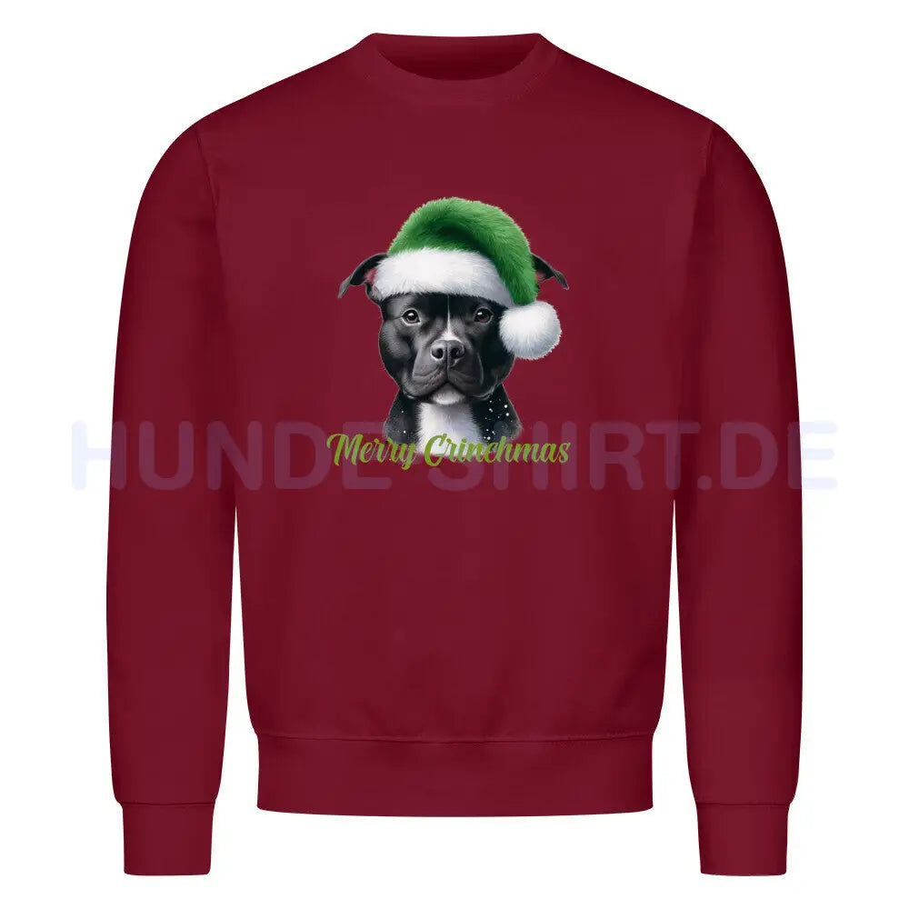 Premium Sweatshirt "Staffordshire Bull Terrier - Merry Grinchmas" Burgunder – hunde-shirt.de