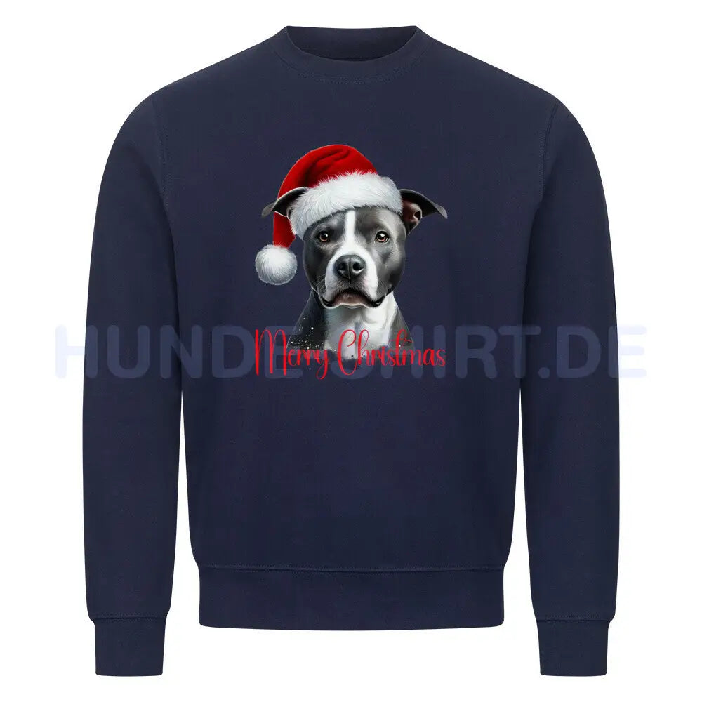 Premium Sweatshirt "Staffordshire Bull Terrier schwarz - Merry Christmas" Navy Blue – hunde-shirt.de