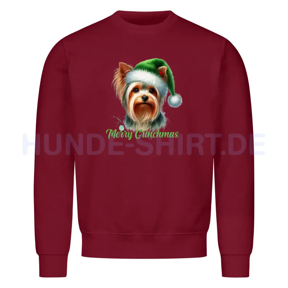 Premium Sweatshirt "Yorkshire Terrier - Merry Grinchmas" Burgunder – hunde-shirt.de