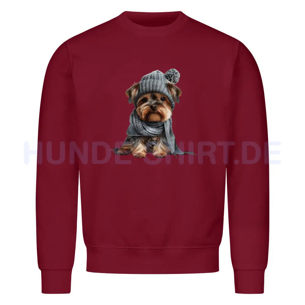 Premium Sweatshirt "Yorkshire Terrier - Winterbub" Burgunder – hunde-shirt.de