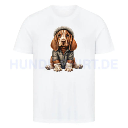 Premium T-Shirt "Basset - Winterbub" Weiß – hunde-shirt.de