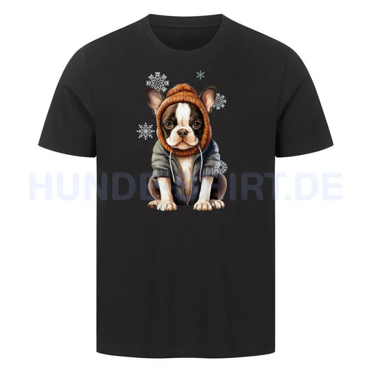 Premium T-Shirt "Boston Terrier Winterbub" Schwarz – hunde-shirt.de