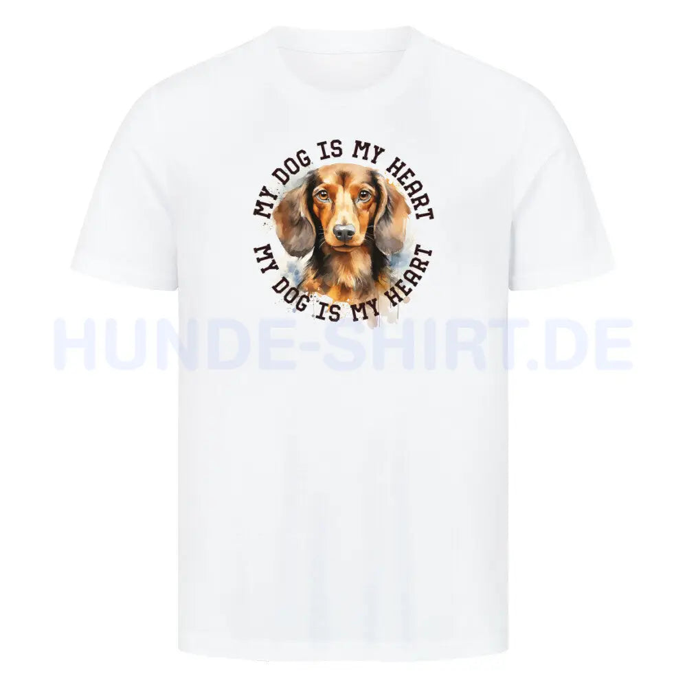 Premium T-Shirt "Langhaar Dackel HEART" Weiß – hunde-shirt.de