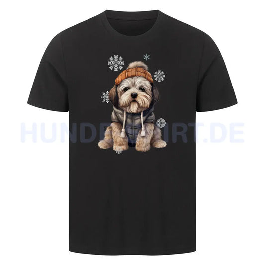 Premium T-Shirt "Lhasa Apso Winterbub" Schwarz – hunde-shirt.de