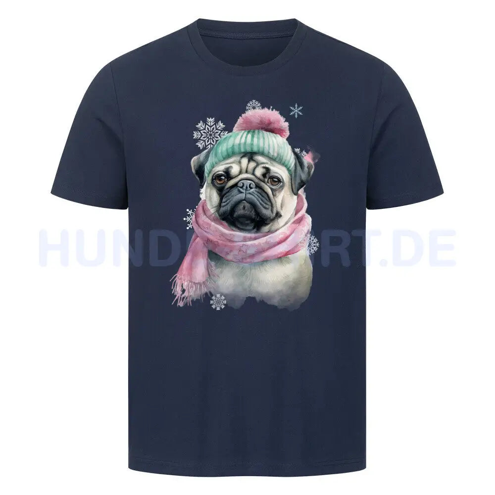 Premium T-Shirt "Mops Winter rosa" French Navy – hunde-shirt.de