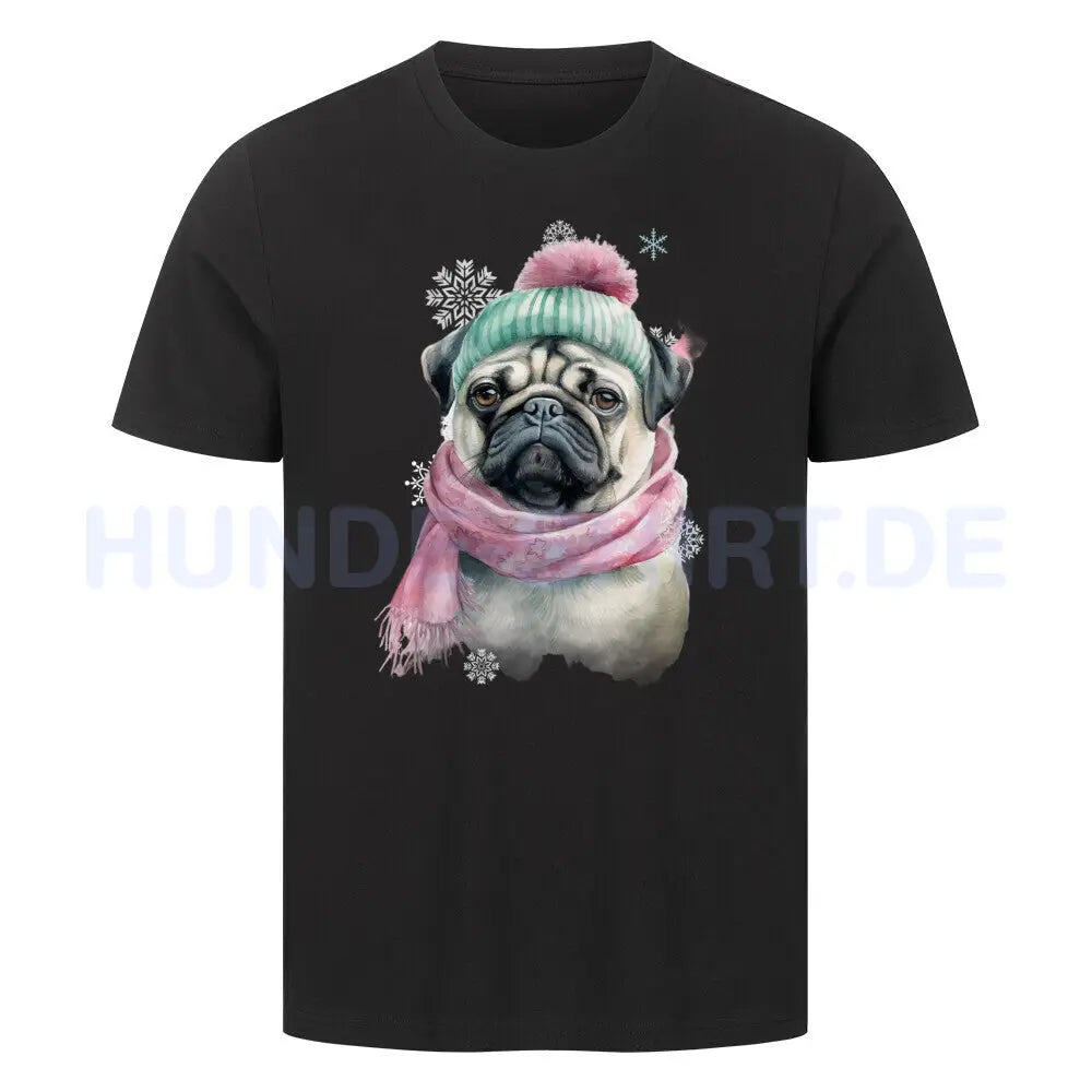 Premium T-Shirt "Mops Winter rosa" Schwarz – hunde-shirt.de