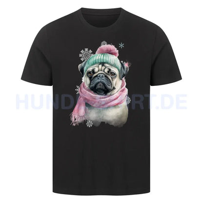 Premium T-Shirt "Mops Winter rosa" Schwarz – hunde-shirt.de