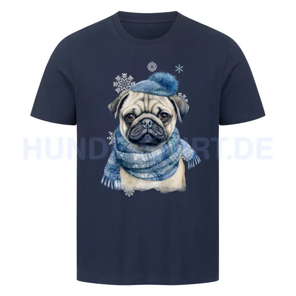 Premium T-Shirt "Mops Winter" French Navy – hunde-shirt.de