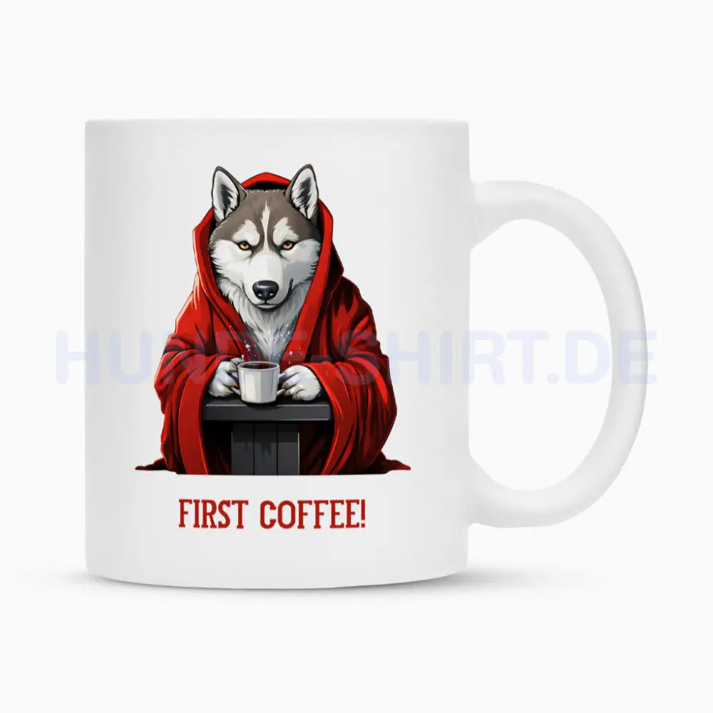 Tasse "Alaskan Malamute - First Coffee!" Weiß – hunde-shirt.de