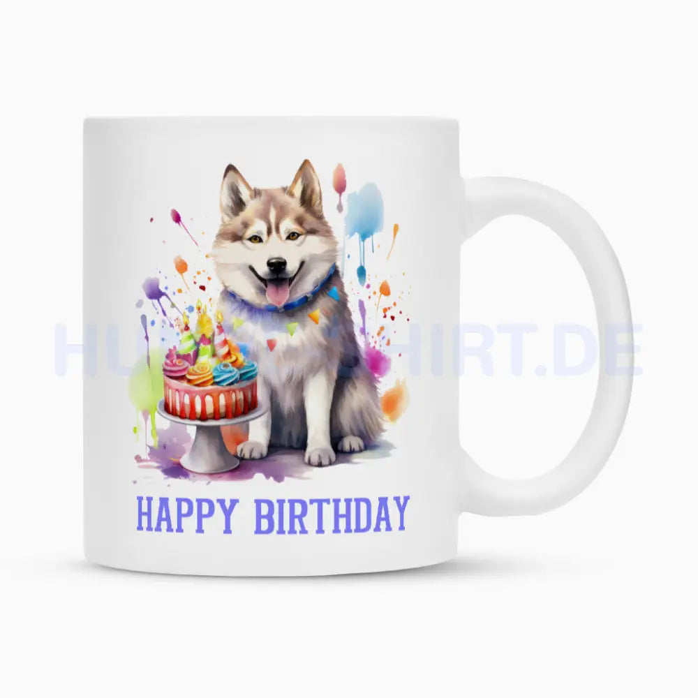 Tasse "Alaskan Malamute - Happy Birthday" Weiß – hunde-shirt.de