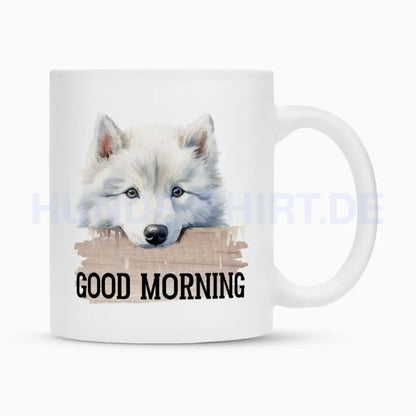 Tasse "American Eskimo - GOOD MORNING" Weiß – hunde-shirt.de