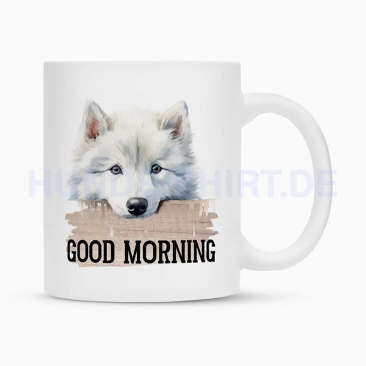 Tasse "American Eskimo - GOOD MORNING" Weiß – hunde-shirt.de