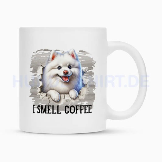 Tasse "American Eskimo - I smell Coffee" Weiß – hunde-shirt.de