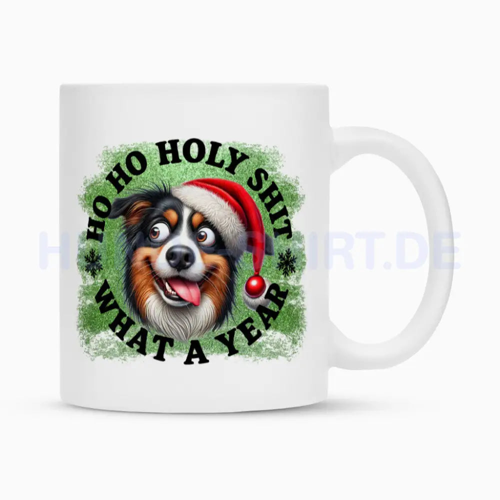 Tasse "Australian Shepherd - HO HO..." Weiß – hunde-shirt.de