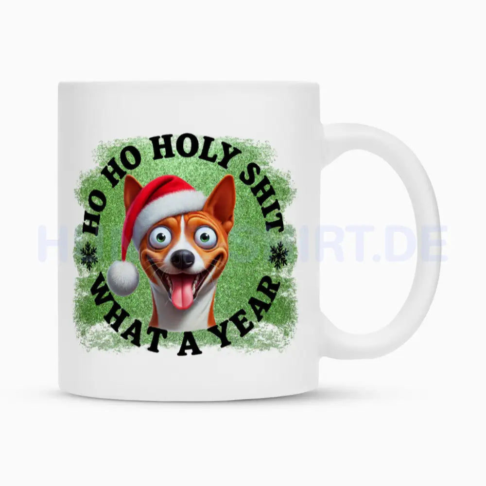 Tasse "Basenji - HO HO..." Weiß – hunde-shirt.de