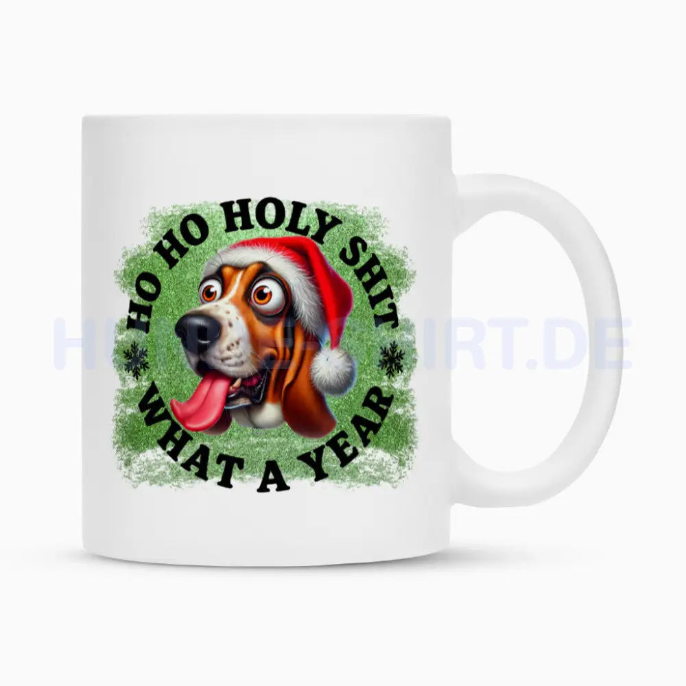 Tasse "Basset - HO HO..." Weiß – hunde-shirt.de