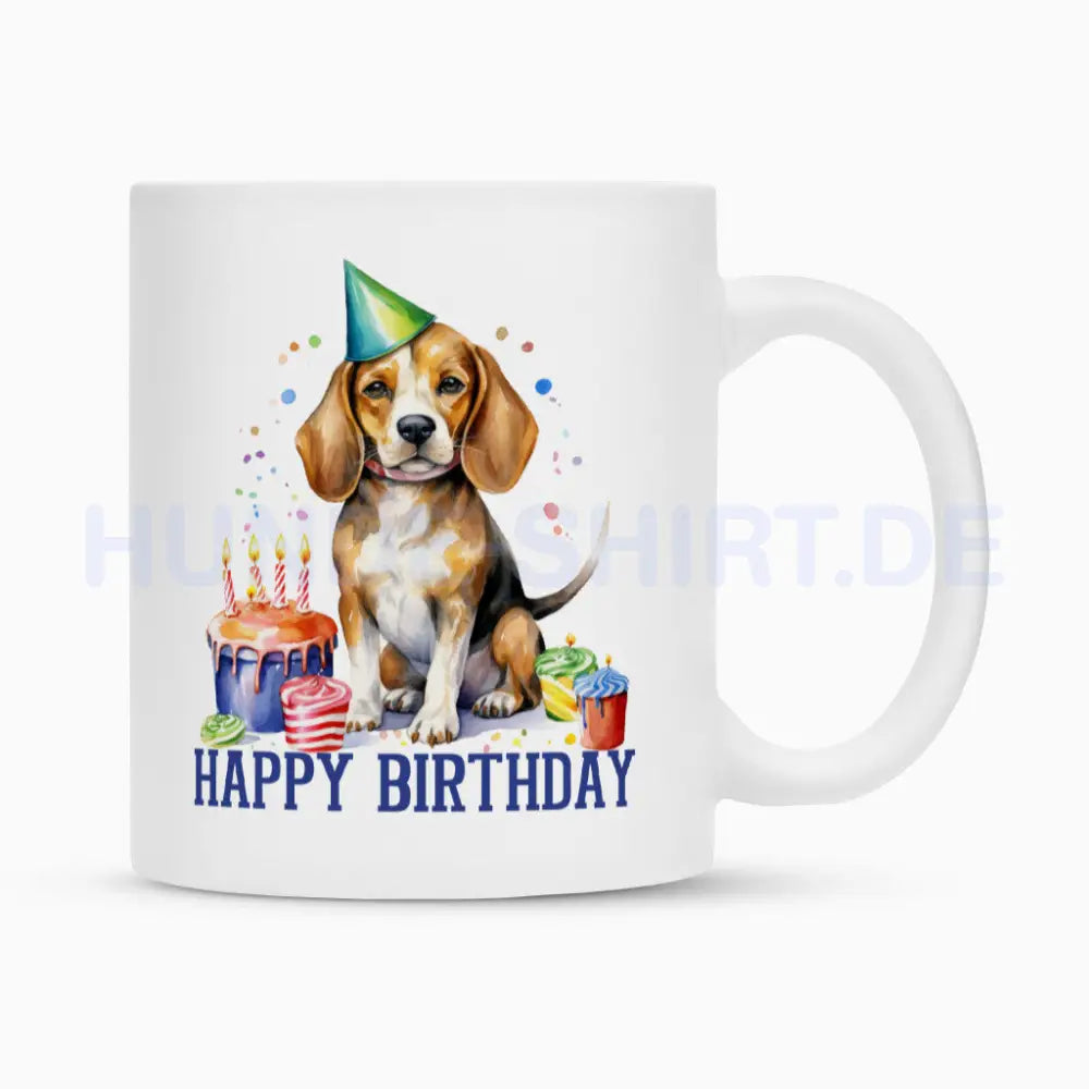 Tasse "Beagle - Happy Birthday" Weiß – hunde-shirt.de