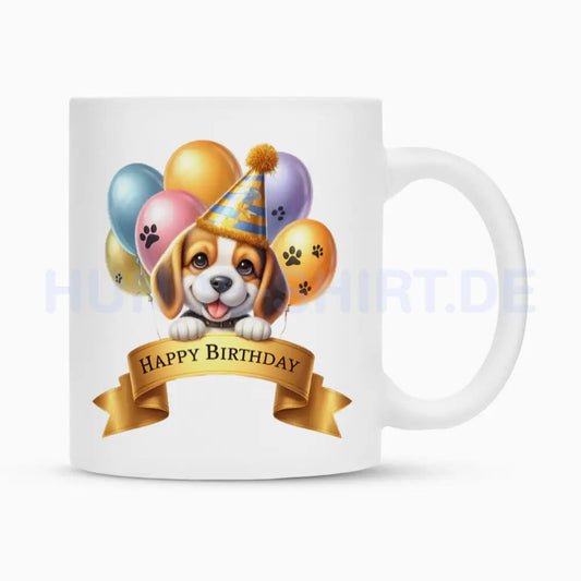 Tasse "Beagle Puppy - Happy Birthday" Weiß – hunde-shirt.de