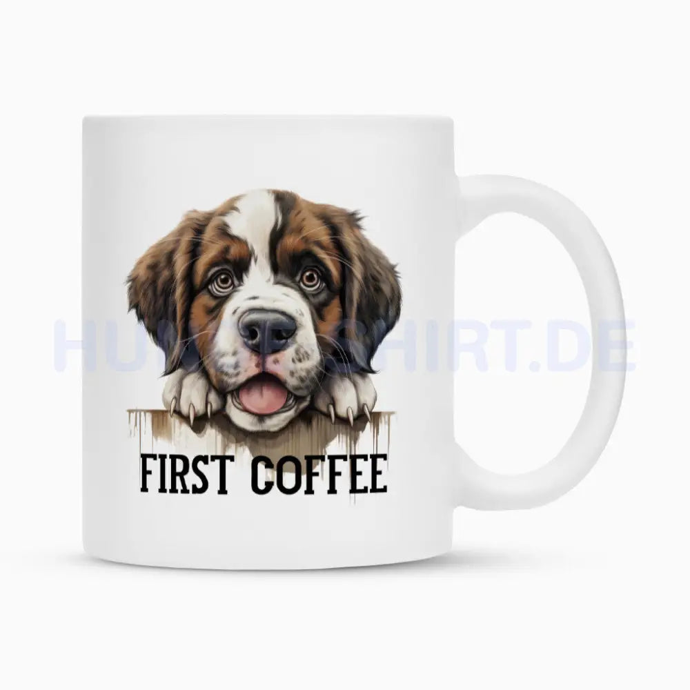 Tasse "Bernhardiner - FIRST COFFEE" Weiß – hunde-shirt.de