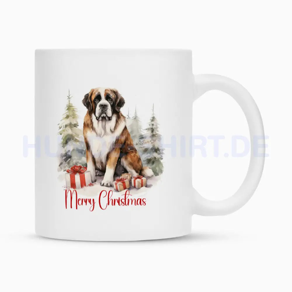 Tasse "Bernhardiner - Merry Christmas Wood" Weiß – hunde-shirt.de