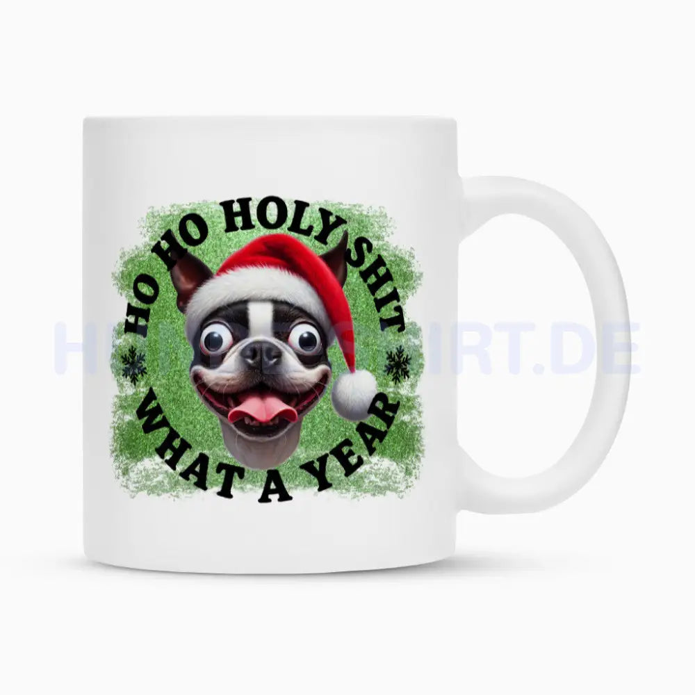 Tasse "Boston Terrier - HO HO..." Weiß – hunde-shirt.de