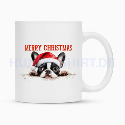 Tasse "Boston Terrier Puppy - Merry Christmas" Weiß – hunde-shirt.de