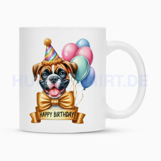 Tasse "Boxer - Happy Birthday bunt" Weiß – hunde-shirt.de